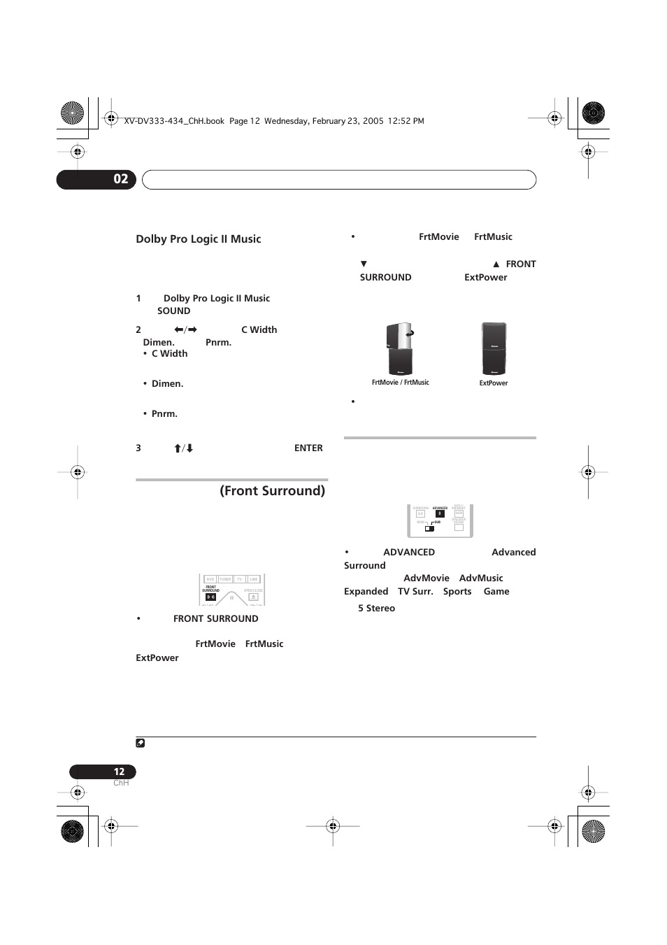 Front surround), Dolby pro logic ii music | Pioneer S-DV434ST User Manual | Page 62 / 102
