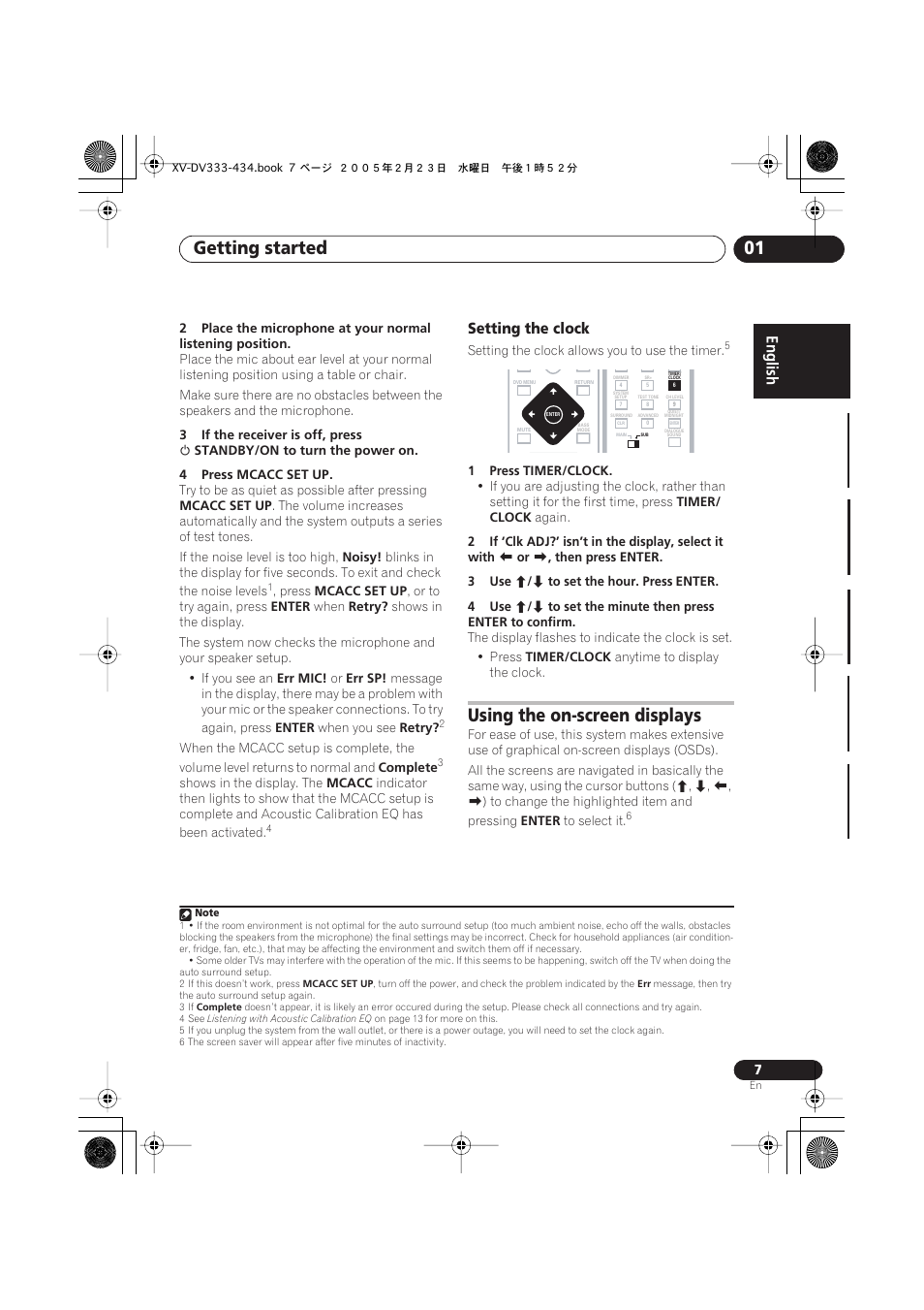 Getting started 01, Using the on-screen displays, Setting the clock | Pioneer S-DV434ST User Manual | Page 7 / 102