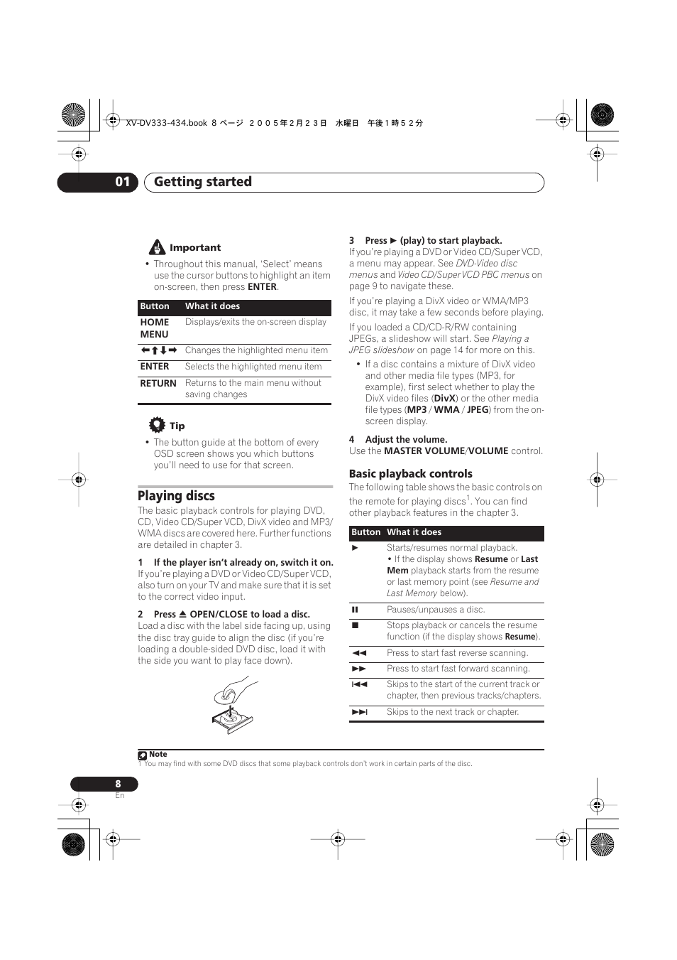 Getting started 01, Playing discs | Pioneer S-DV434ST User Manual | Page 8 / 102