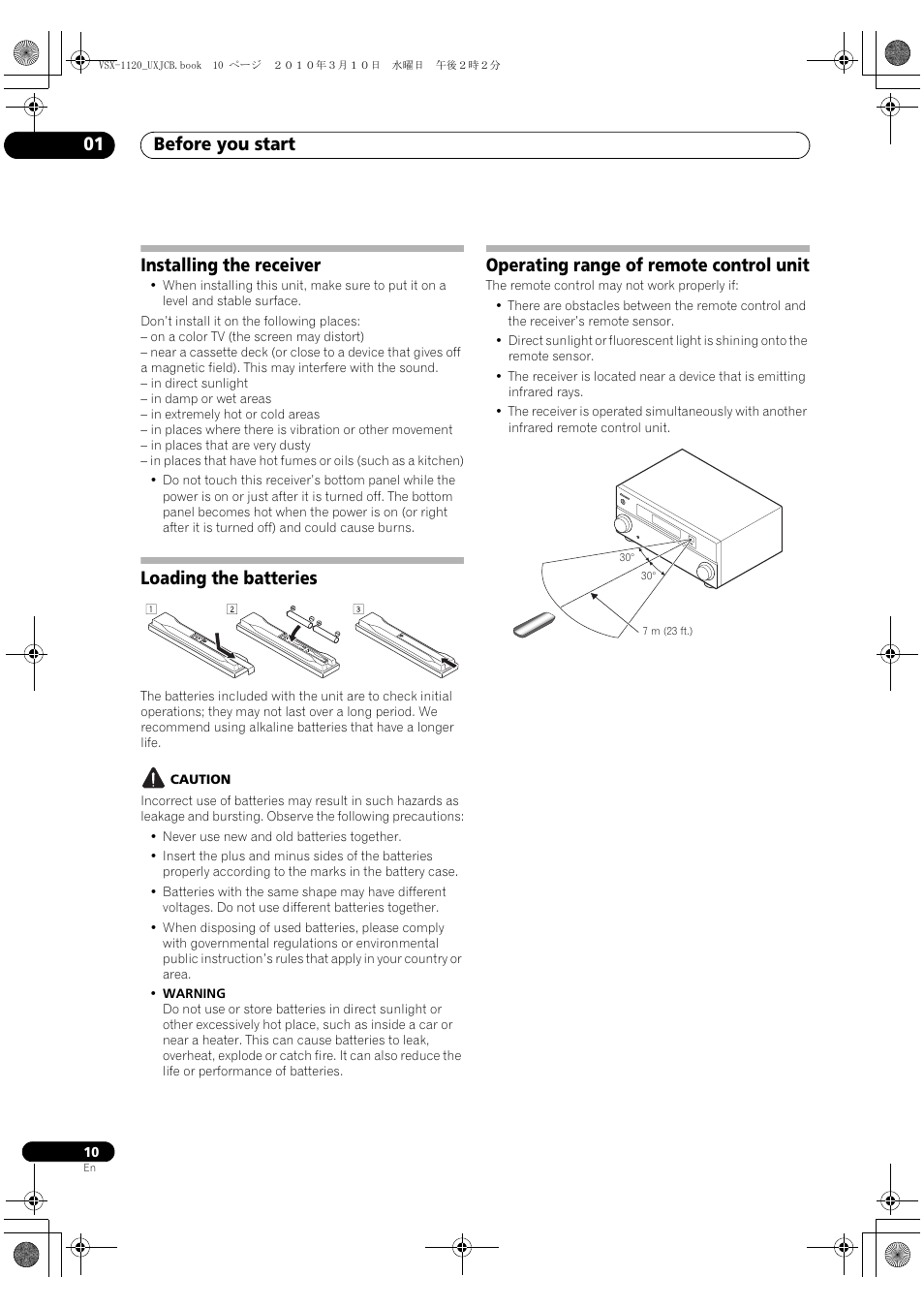 Installing the receiver, Loading the batteries, Operating range of remote control unit | Before you start 01 | Pioneer VSX-1120-K User Manual | Page 10 / 108