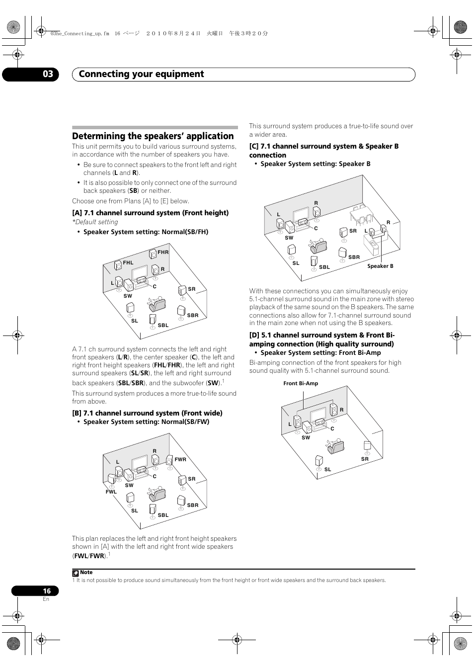 Determining the speakers’ application, Connecting your equipment 03 | Pioneer VSX-1120-K User Manual | Page 16 / 108