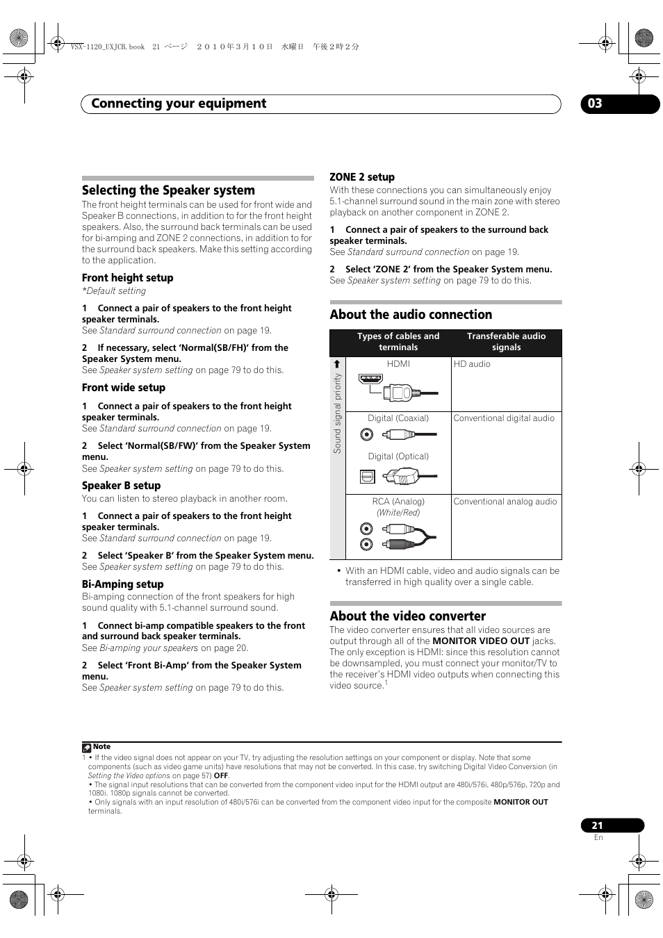 Selecting the speaker system, Front height setup, Front wide setup | Speaker b setup, Bi-amping setup, Zone 2 setup, About the audio connection, About the video converter, Connecting your equipment 03 | Pioneer VSX-1120-K User Manual | Page 21 / 108