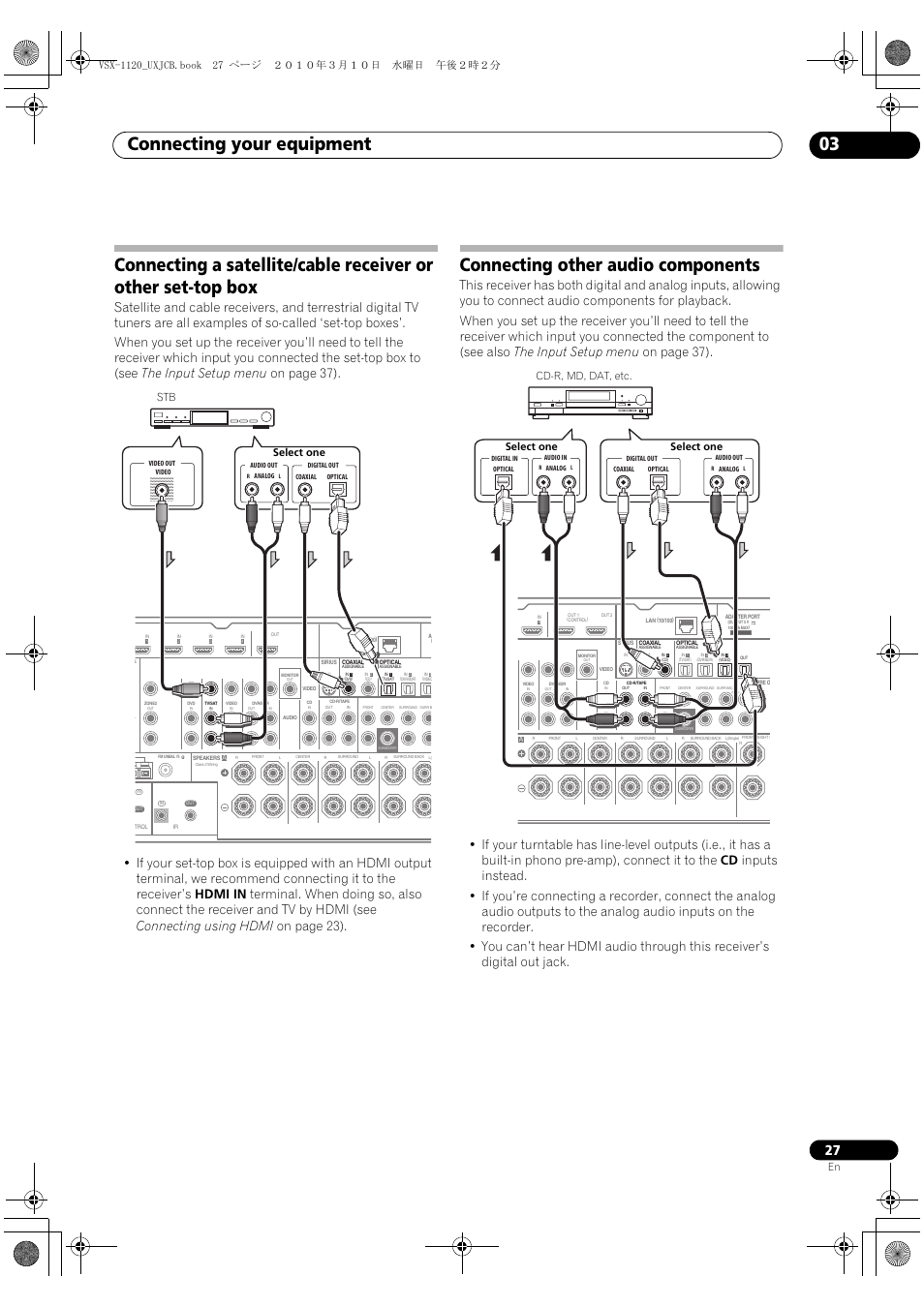 Connecting other audio components, Connecting your equipment 03, Stb select one | Pioneer VSX-1120-K User Manual | Page 27 / 108