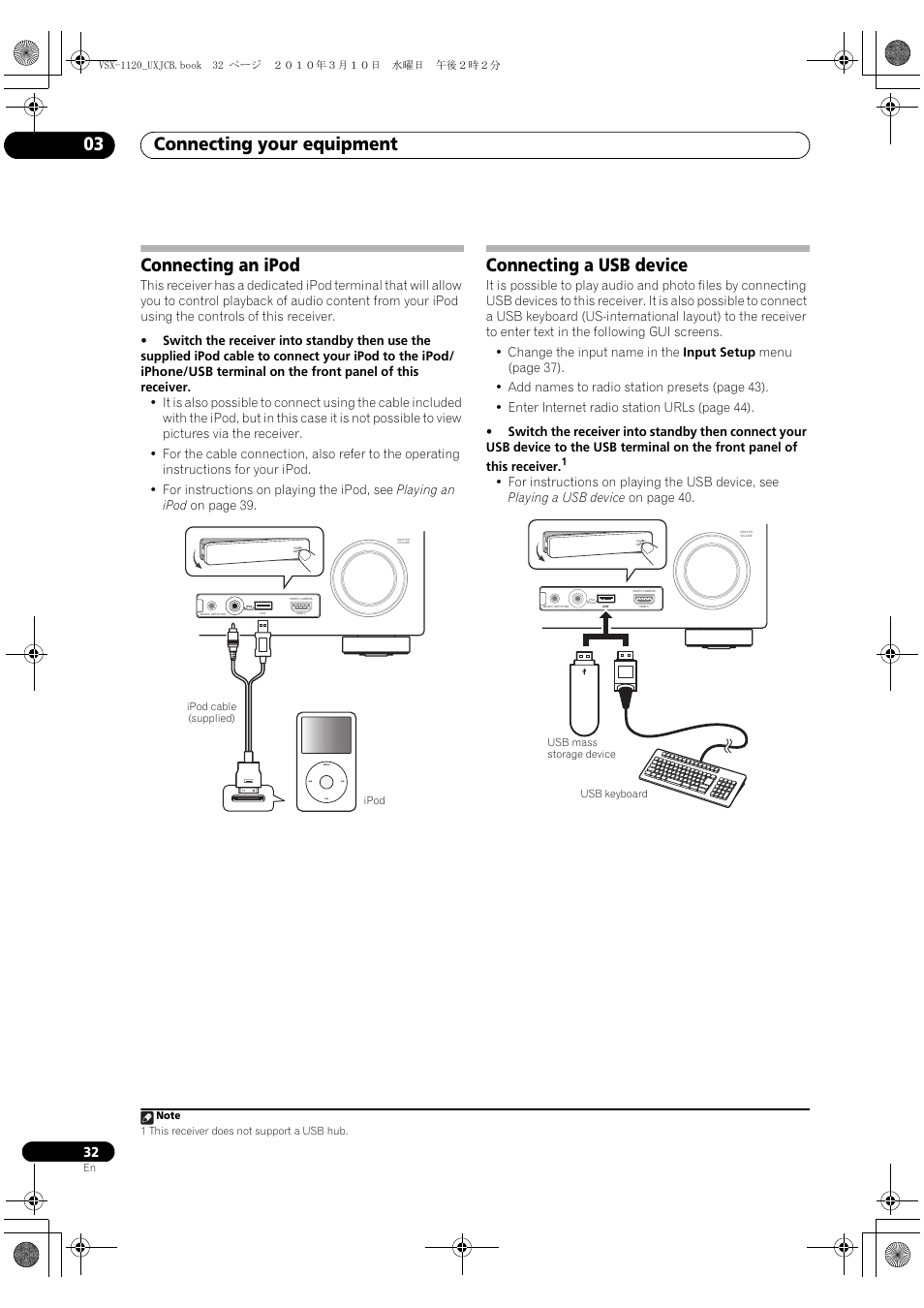 Connecting an ipod, Connecting a usb device, Connecting an ipod connecting a usb device | Connecting your equipment 03 | Pioneer VSX-1120-K User Manual | Page 32 / 108