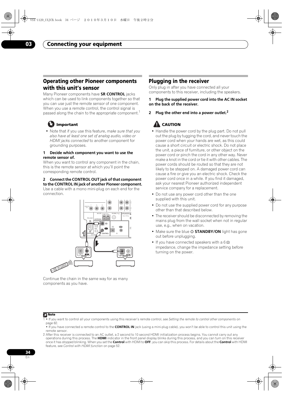 Plugging in the receiver, Connecting your equipment 03 | Pioneer VSX-1120-K User Manual | Page 34 / 108