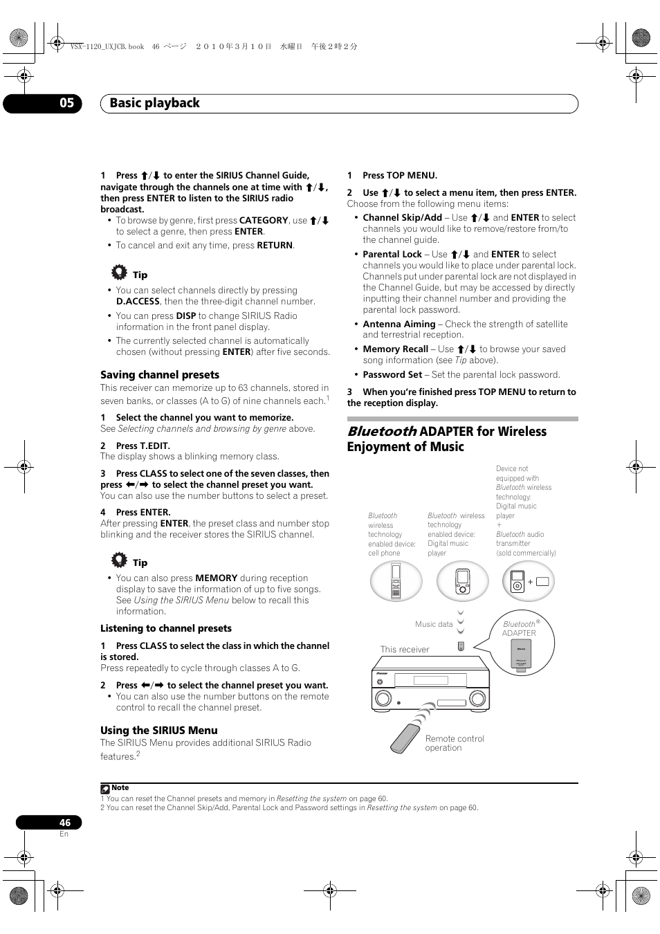 Saving channel presets, Using the sirius menu, Bluetooth adapter for wireless enjoyment of music | Saving channel presets using the sirius menu, Bluetooth, Basic playback 05, Adapter for wireless enjoyment of music | Pioneer VSX-1120-K User Manual | Page 46 / 108