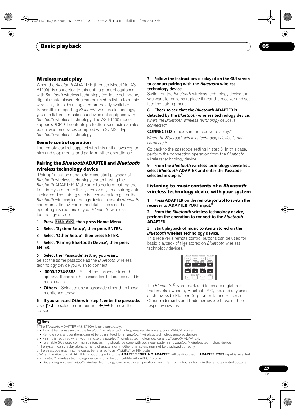 Wireless music play, Basic playback 05, Bluetooth | Pioneer VSX-1120-K User Manual | Page 47 / 108