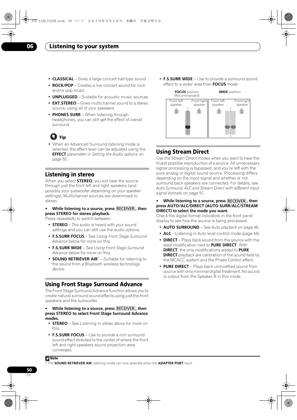 Listening in stereo, Using front stage surround advance, Using stream direct | Listening to your system 06 | Pioneer VSX-1120-K User Manual | Page 50 / 108