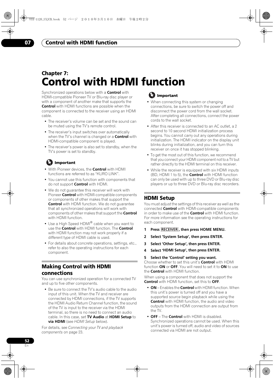 Control with hdmi function, Making control with hdmi connections, Hdmi setup | 07 control with hdmi function, Making control with hdmi connections hdmi setup, Control with hdmi function 07, Chapter 7 | Pioneer VSX-1120-K User Manual | Page 52 / 108