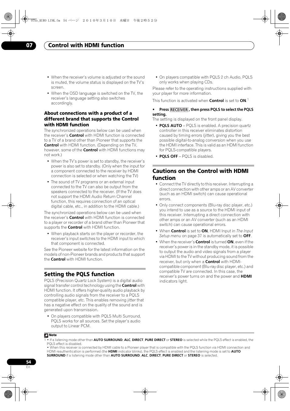 Setting the pqls function, Cautions on the control with hdmi function, Control with hdmi function 07 | Pioneer VSX-1120-K User Manual | Page 54 / 108
