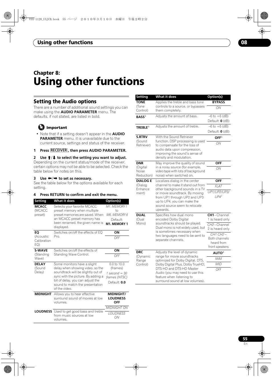 Using other functions, Setting the audio options, 08 using other functions | Using other functions 08, Chapter 8 | Pioneer VSX-1120-K User Manual | Page 55 / 108