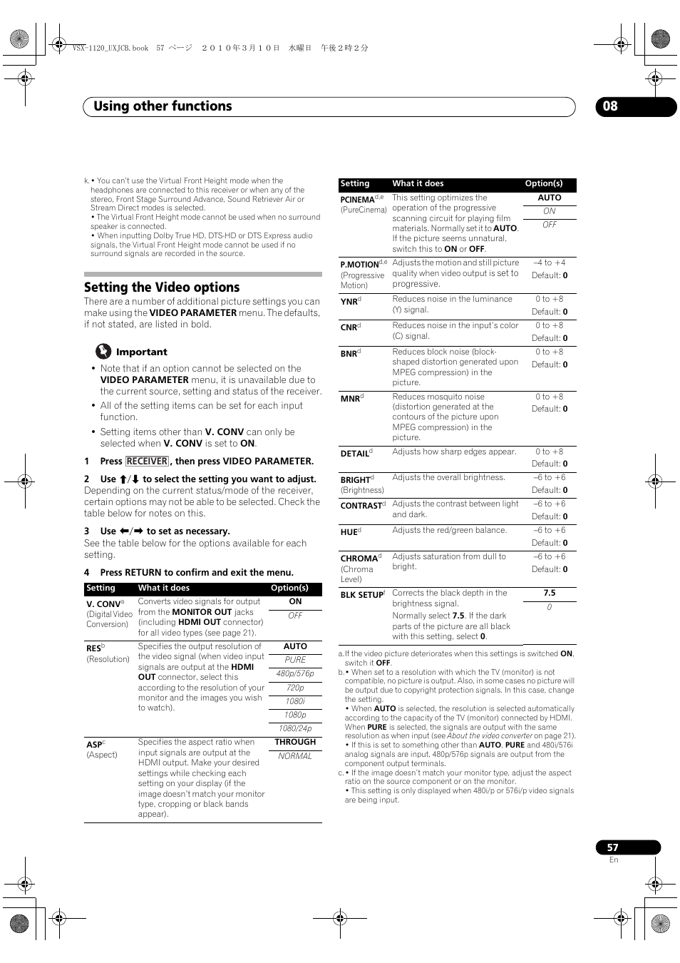 Setting the video options, Using other functions 08 | Pioneer VSX-1120-K User Manual | Page 57 / 108