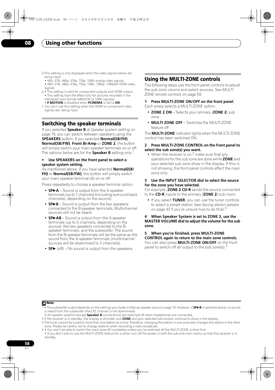 Switching the speaker terminals, Using the multi-zone controls, Using other functions 08 | Pioneer VSX-1120-K User Manual | Page 58 / 108