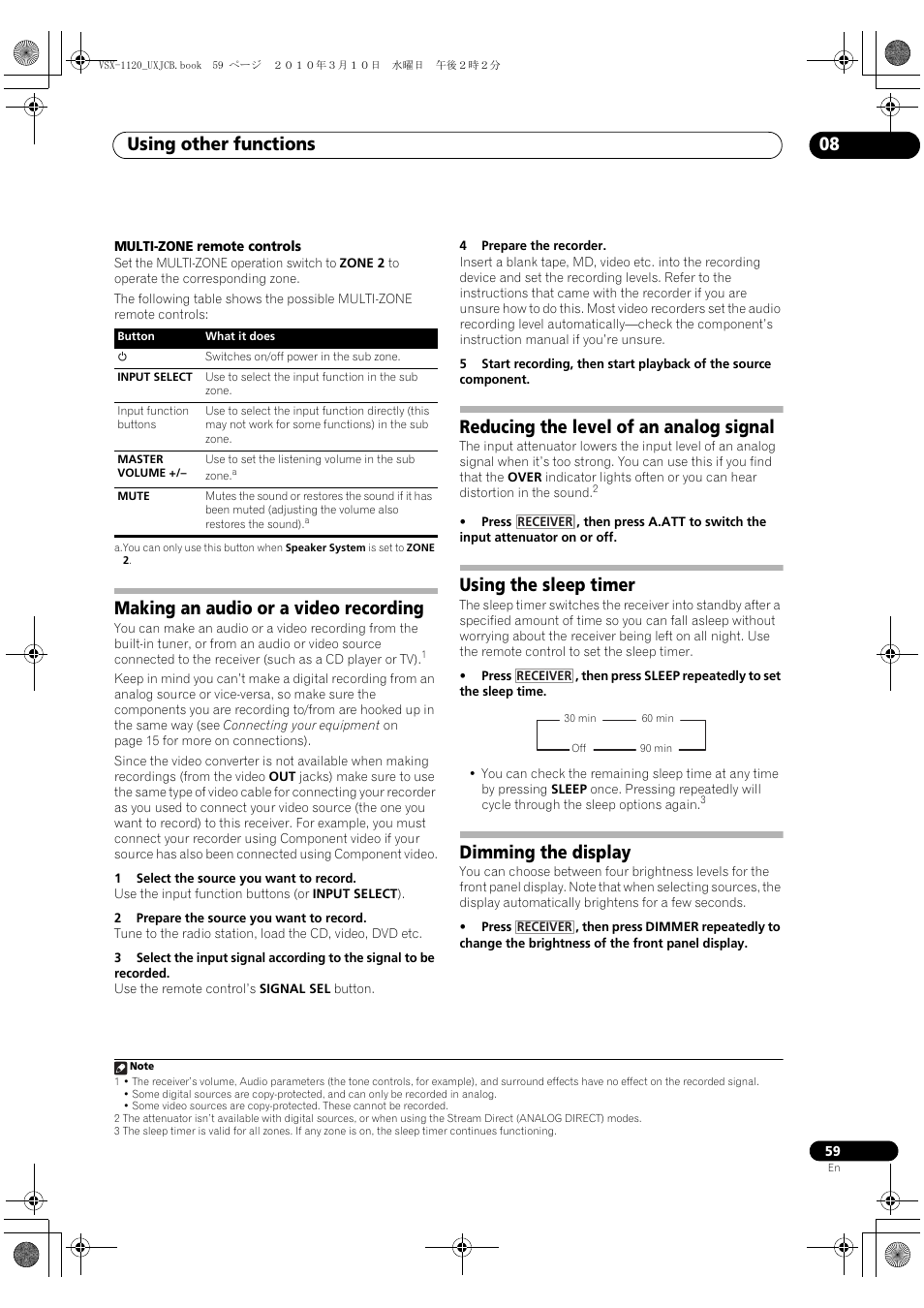 Making an audio or a video recording, Reducing the level of an analog signal, Using the sleep timer | Dimming the display, Using other functions 08 | Pioneer VSX-1120-K User Manual | Page 59 / 108