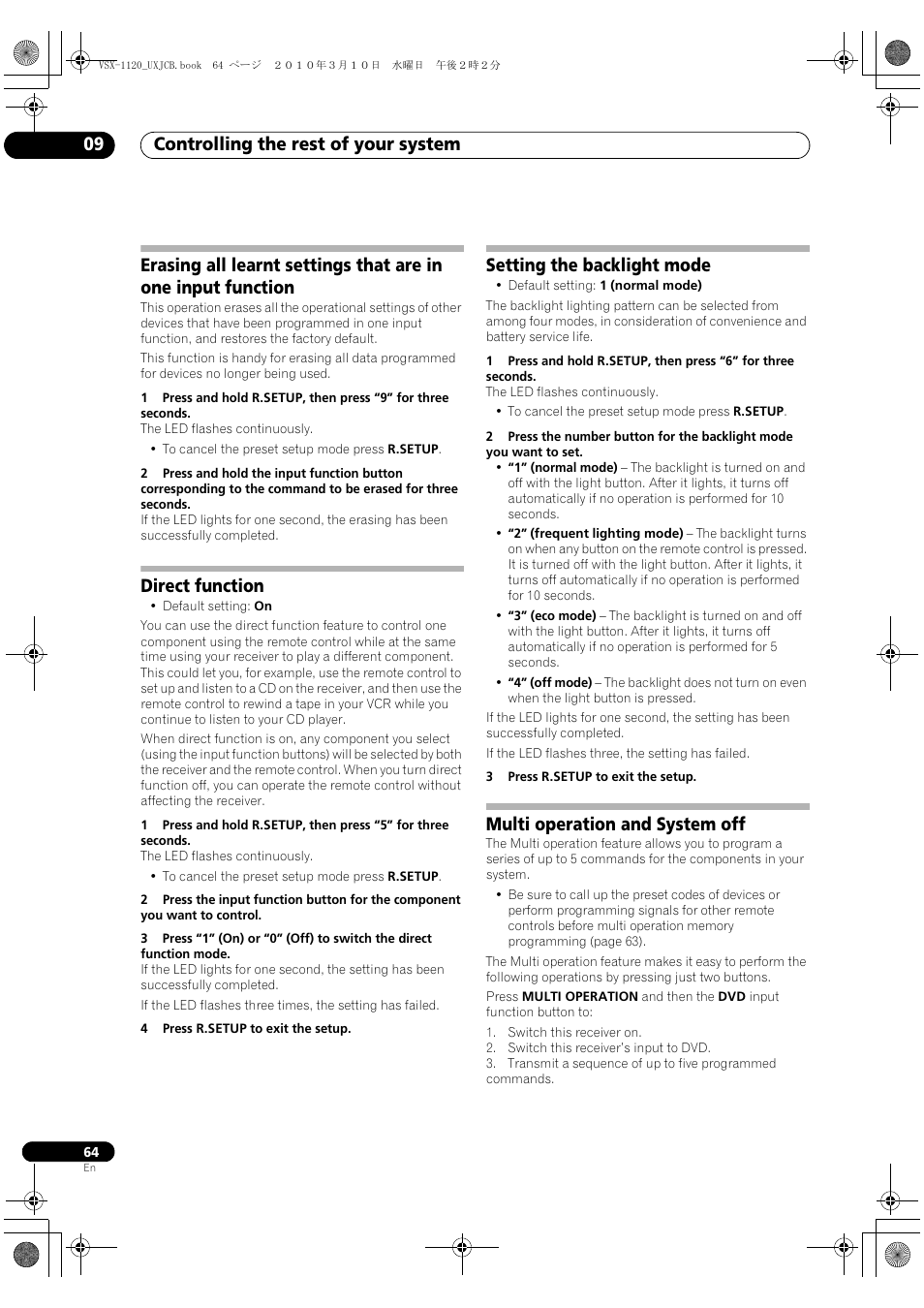 Direct function, Setting the backlight mode, Multi operation and system off | Controlling the rest of your system 09 | Pioneer VSX-1120-K User Manual | Page 64 / 108