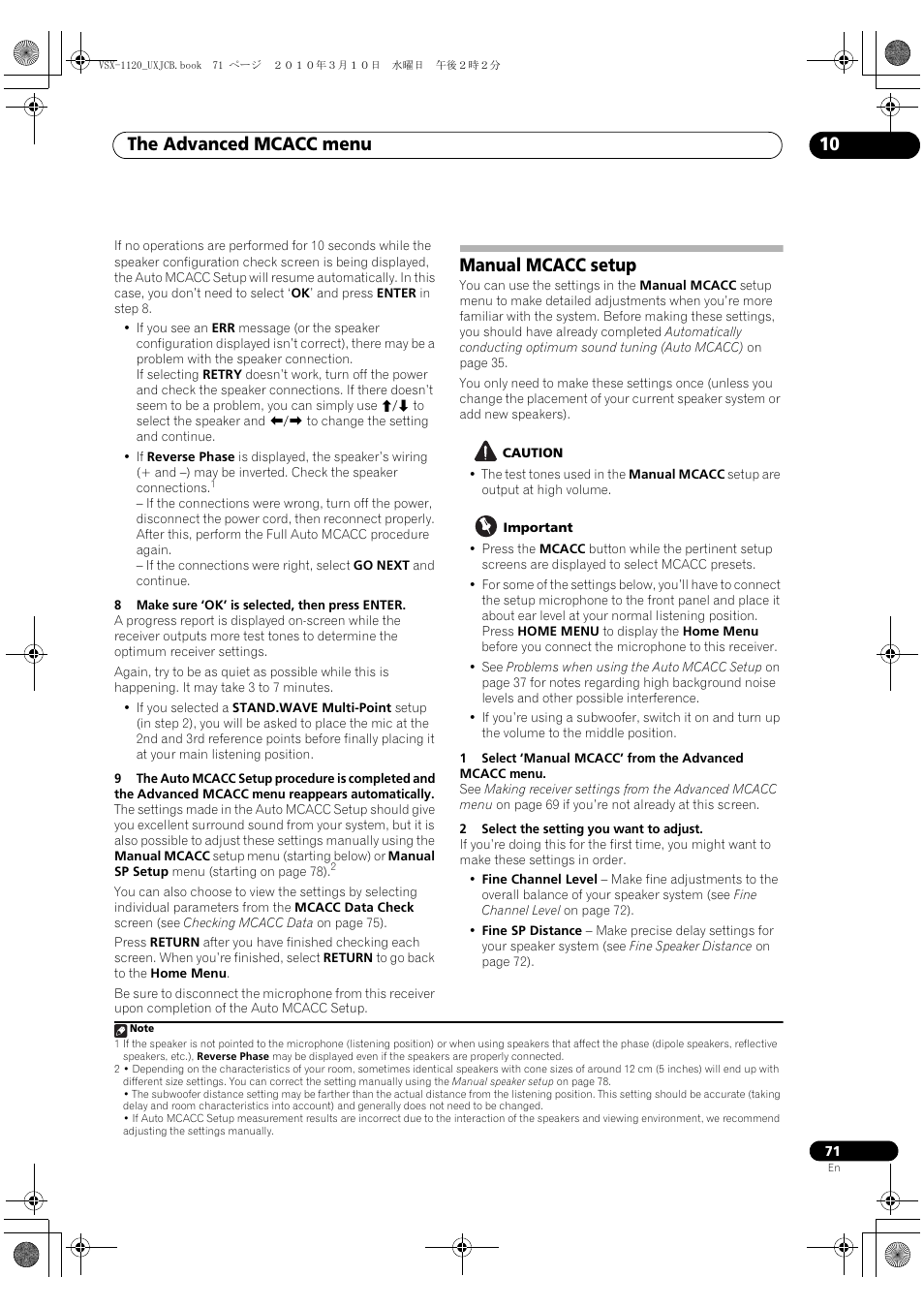 Manual mcacc setup, The advanced mcacc menu 10 | Pioneer VSX-1120-K User Manual | Page 71 / 108