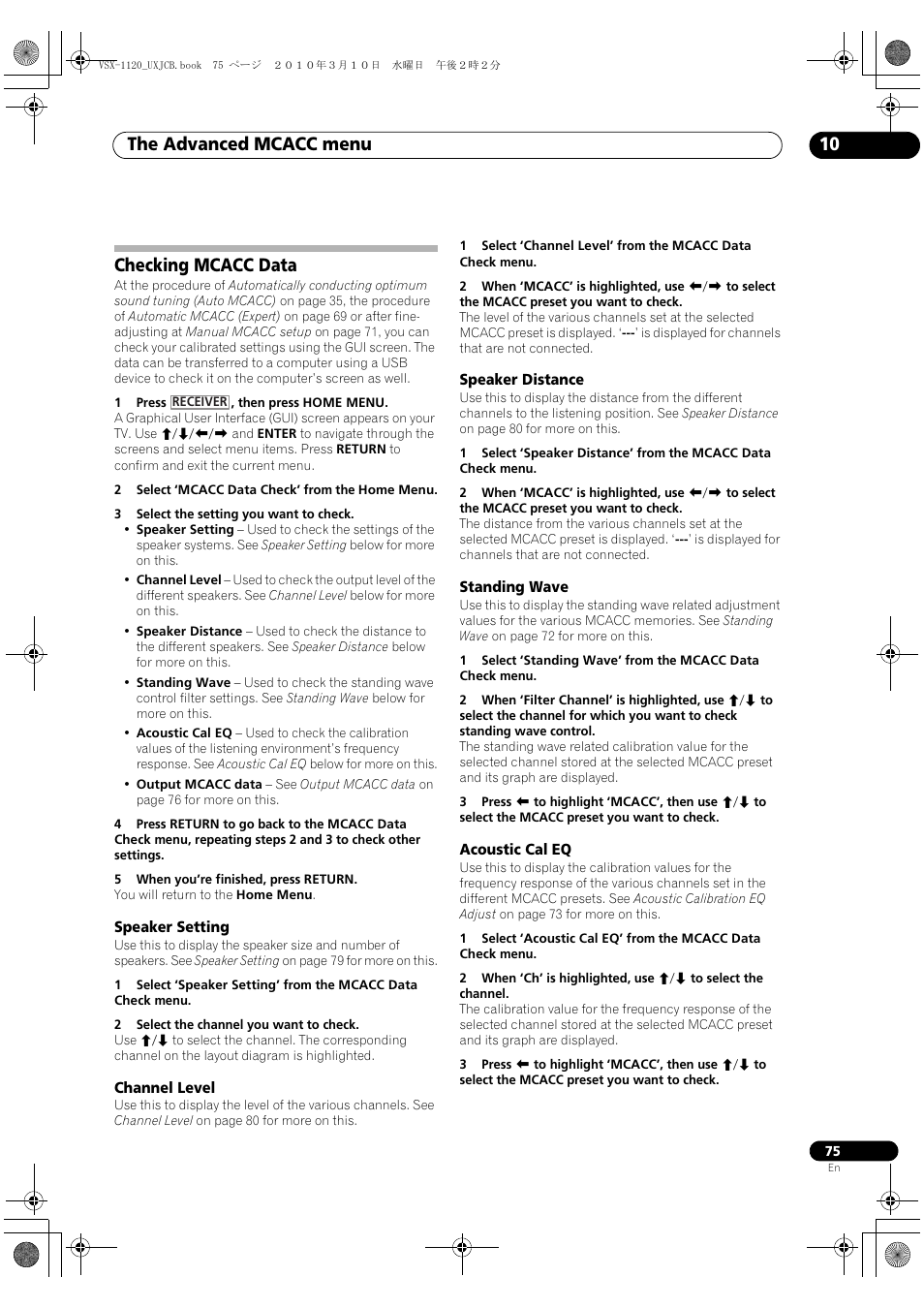Checking mcacc data, Speaker setting, Channel level | Speaker distance, Standing wave, Acoustic cal eq, The advanced mcacc menu 10 | Pioneer VSX-1120-K User Manual | Page 75 / 108