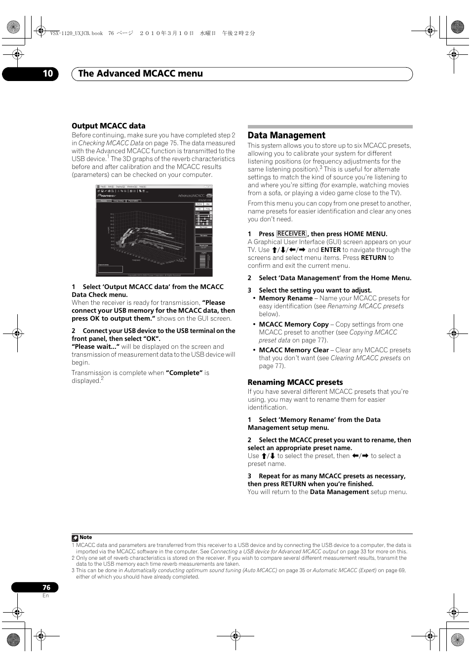 Output mcacc data, Data management, Renaming mcacc presets | The advanced mcacc menu 10 | Pioneer VSX-1120-K User Manual | Page 76 / 108