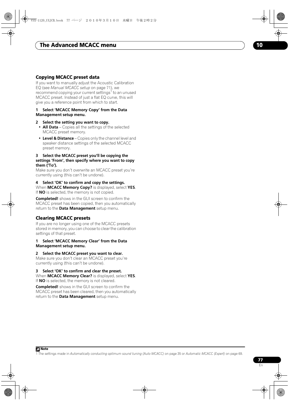 Copying mcacc preset data, Clearing mcacc presets, Copying mcacc preset data clearing mcacc presets | The advanced mcacc menu 10 | Pioneer VSX-1120-K User Manual | Page 77 / 108