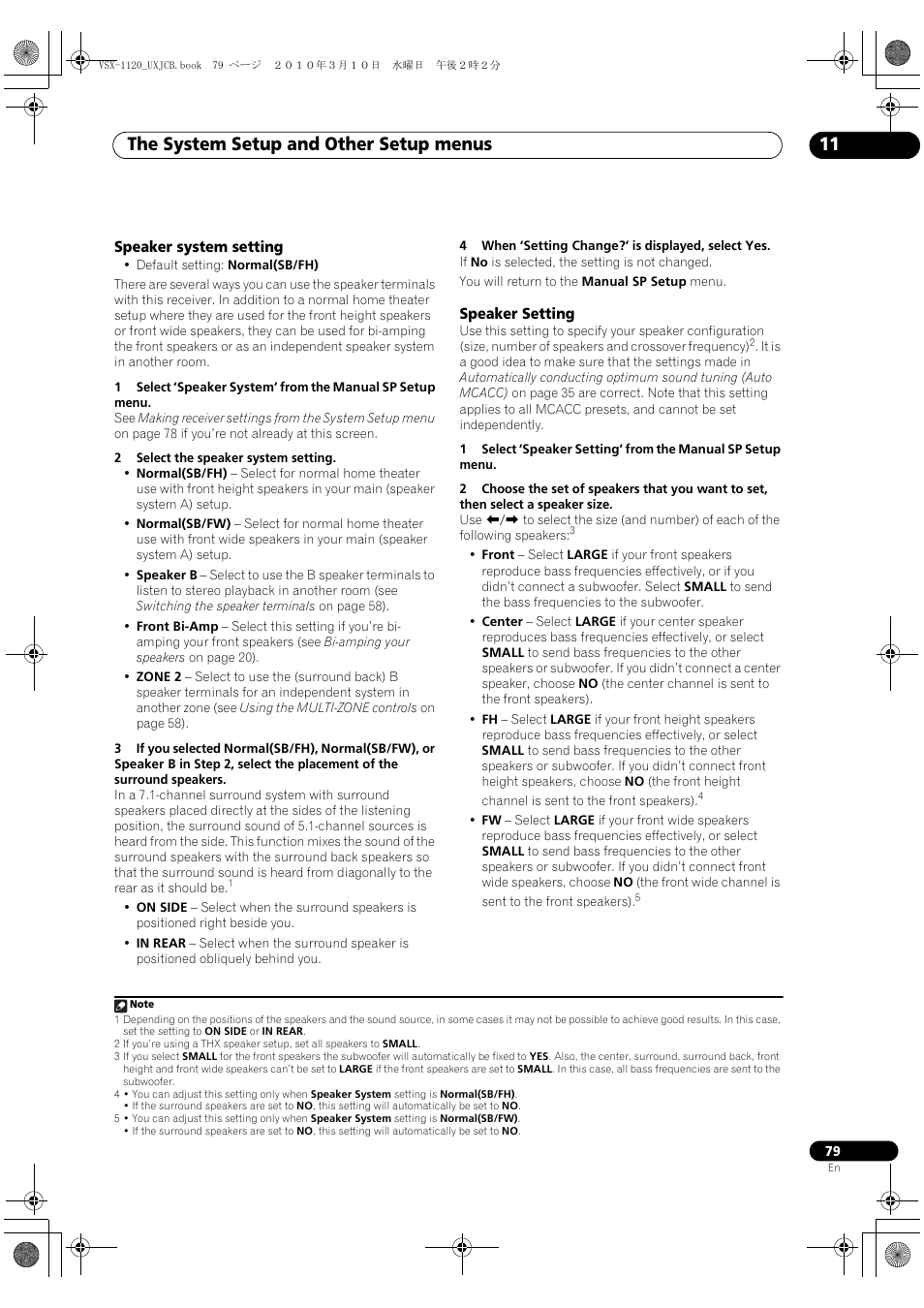 Speaker system setting, Speaker setting, Speaker system setting speaker setting | The system setup and other setup menus 11 | Pioneer VSX-1120-K User Manual | Page 79 / 108