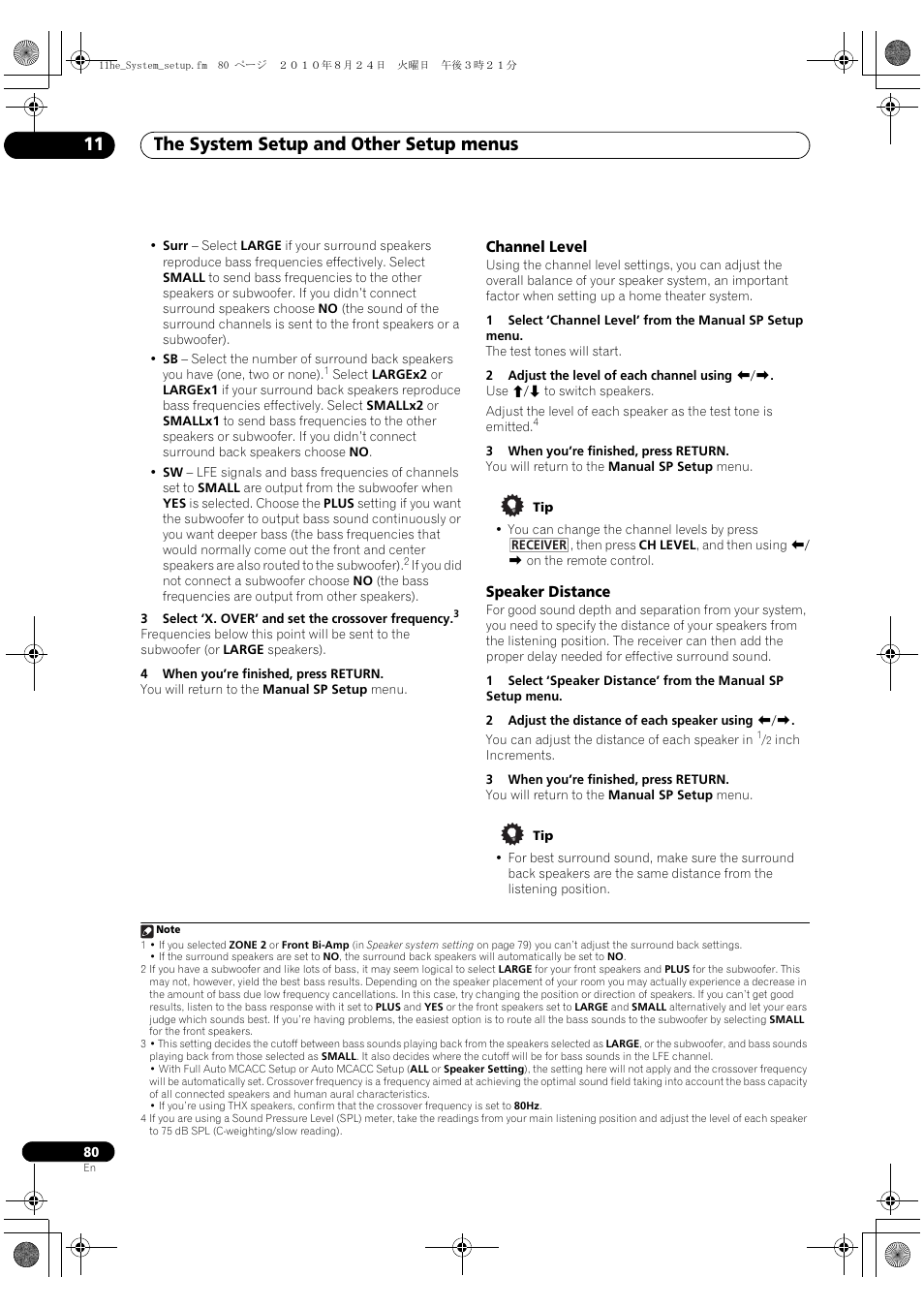 Channel level, Speaker distance, Channel level speaker distance | The system setup and other setup menus 11 | Pioneer VSX-1120-K User Manual | Page 80 / 108