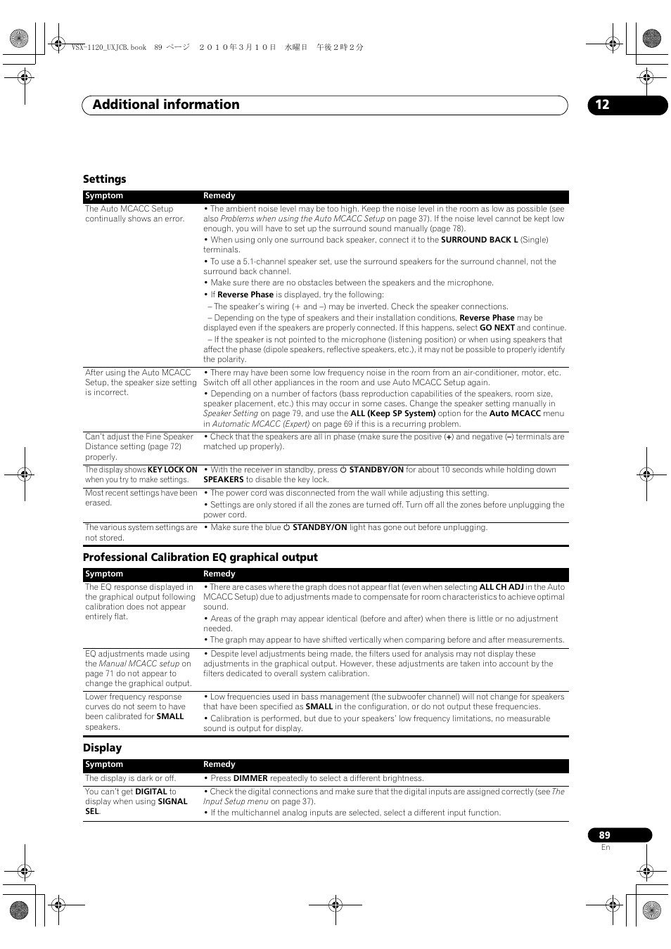 Settings, Professional calibration eq graphical output, Display | Additional information 12 | Pioneer VSX-1120-K User Manual | Page 89 / 108
