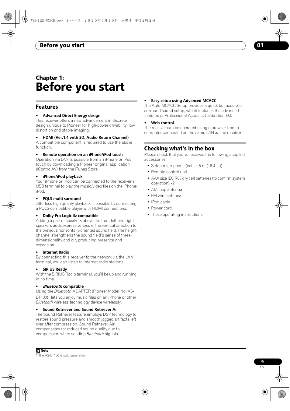 Before you start, Features, Checking what’s in the box | 01 before you start, Features checking what’s in the box, Before you start 01, Chapter 1 | Pioneer VSX-1120-K User Manual | Page 9 / 108