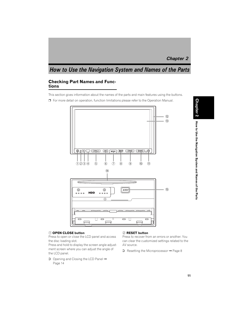 Chapter 2, Checking part names and functions 11, Checking part names and func- tions | Pioneer HDD MULTIMEDIA AV NAVIGATION SERVER AVIC-Z1 User Manual | Page 13 / 27