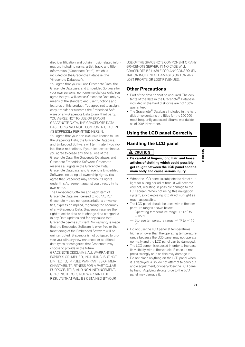Other precautions 21, Using the lcd panel correctly 21, Handling the lcd panel 21 | Other precautions | Pioneer HDD MULTIMEDIA AV NAVIGATION SERVER AVIC-Z1 User Manual | Page 23 / 27