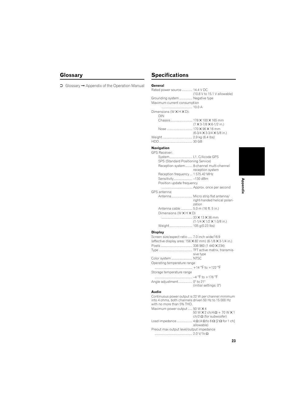 Glossary 23 specifications 23, Glossary, Specifications | Pioneer HDD MULTIMEDIA AV NAVIGATION SERVER AVIC-Z1 User Manual | Page 25 / 27