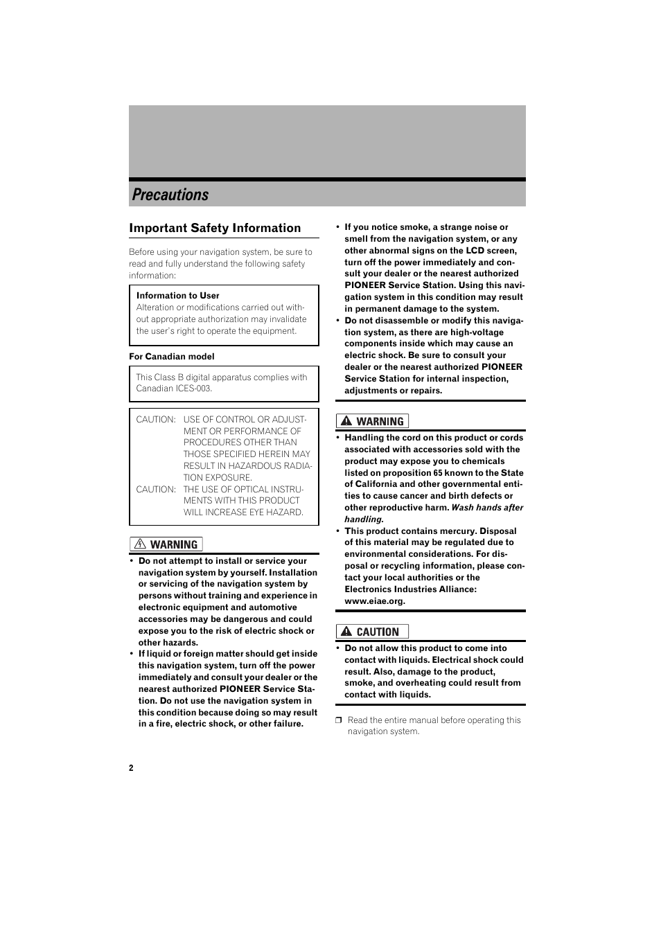 Precautions, Important safety information 2, Important safety information | Pioneer HDD MULTIMEDIA AV NAVIGATION SERVER AVIC-Z1 User Manual | Page 4 / 27