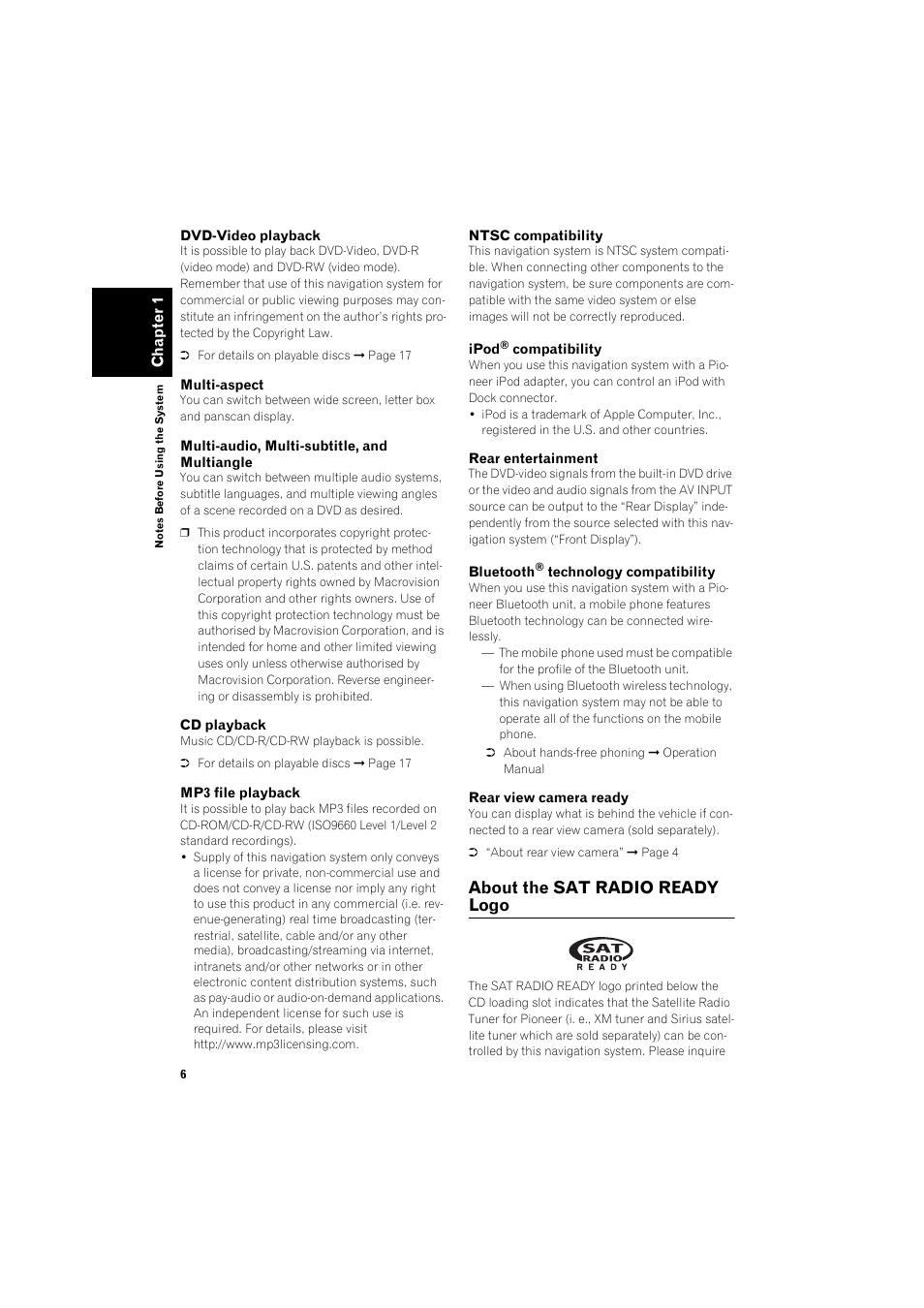 About the sat radio ready logo 6, About the sat radio ready logo | Pioneer HDD MULTIMEDIA AV NAVIGATION SERVER AVIC-Z1 User Manual | Page 8 / 27