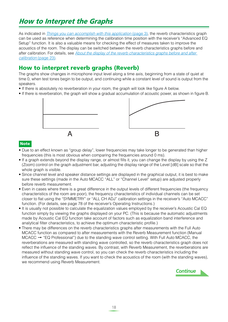 How to interpret the graphs, How to interpret reverb graphs (reverb), Continue | Pioneer MCACC ADVANCED VSX-23TXH User Manual | Page 18 / 35