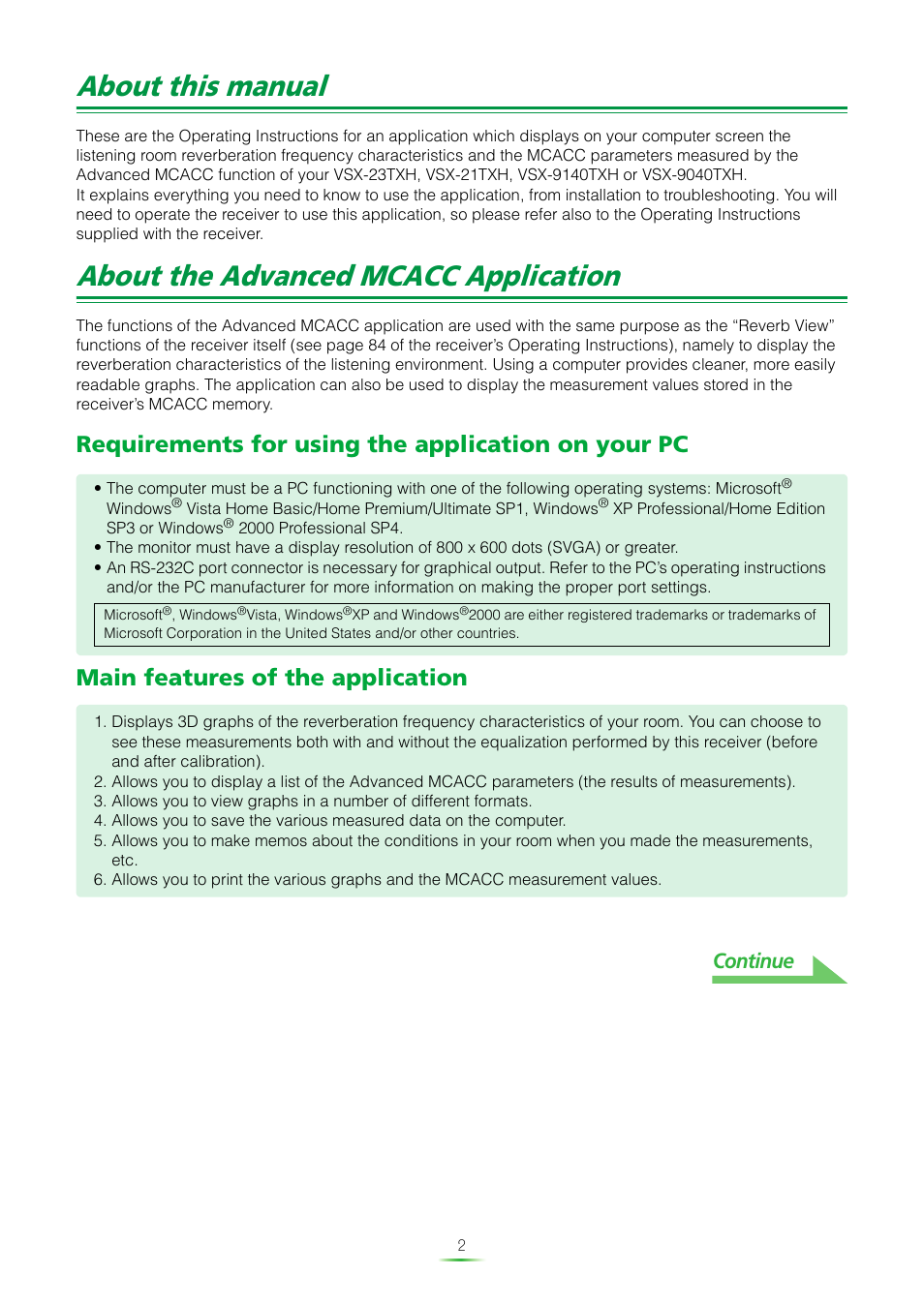 About this manual, About the advanced mcacc application, Requirements for using the application on your pc | Main features of the application, Continue | Pioneer MCACC ADVANCED VSX-23TXH User Manual | Page 2 / 35