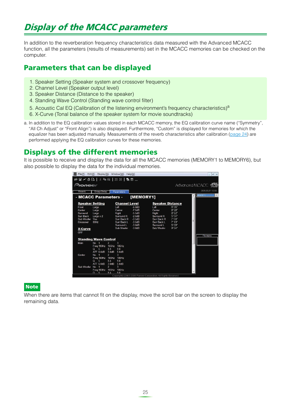 Display of the mcacc parameters, Parameters that can be displayed, Displays of the different memories | Pioneer MCACC ADVANCED VSX-23TXH User Manual | Page 25 / 35