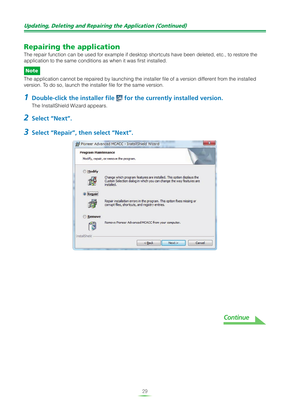 Repairing the application | Pioneer MCACC ADVANCED VSX-23TXH User Manual | Page 29 / 35