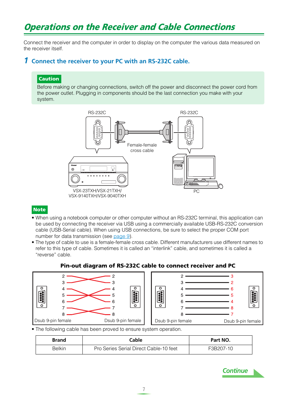 Operations on the receiver and cable connections, Continue | Pioneer MCACC ADVANCED VSX-23TXH User Manual | Page 7 / 35