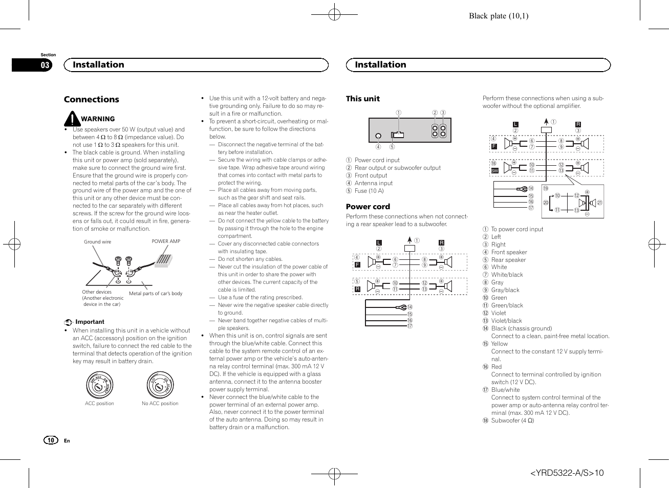 Connections, Installation 03, Installation | Pioneer DEH-33HD User Manual | Page 10 / 52