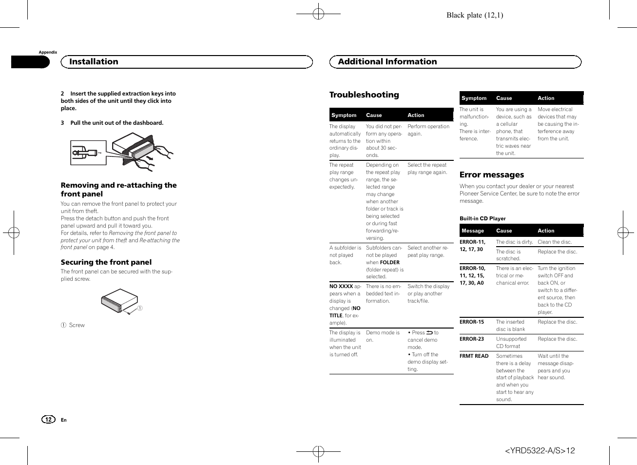 Troubleshooting, Error messages, Installation | Additional information | Pioneer DEH-33HD User Manual | Page 12 / 52