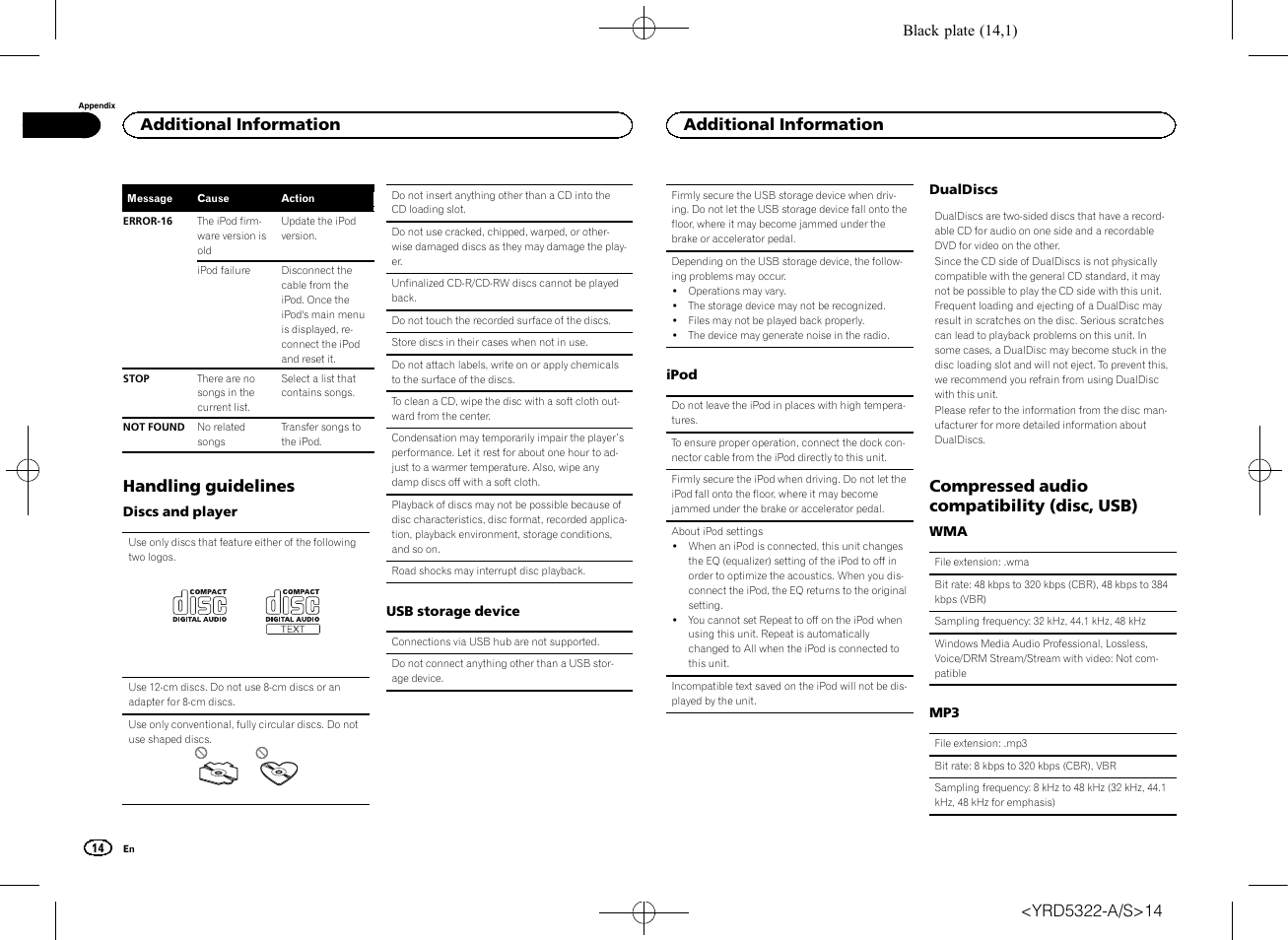 Handling guidelines, Compressed audio compatibility (disc, usb), Additional information | Pioneer DEH-33HD User Manual | Page 14 / 52