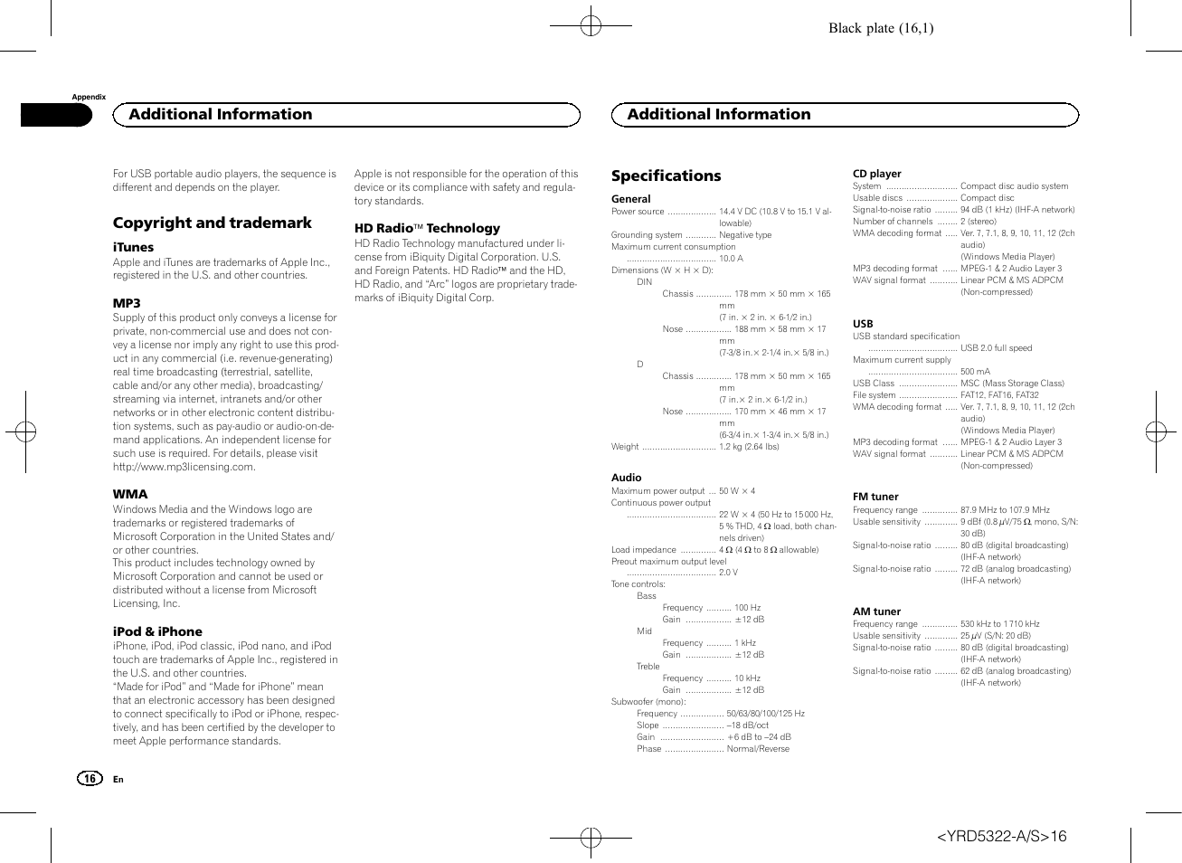 Copyright and trademark, Specifications, Additional information | Pioneer DEH-33HD User Manual | Page 16 / 52