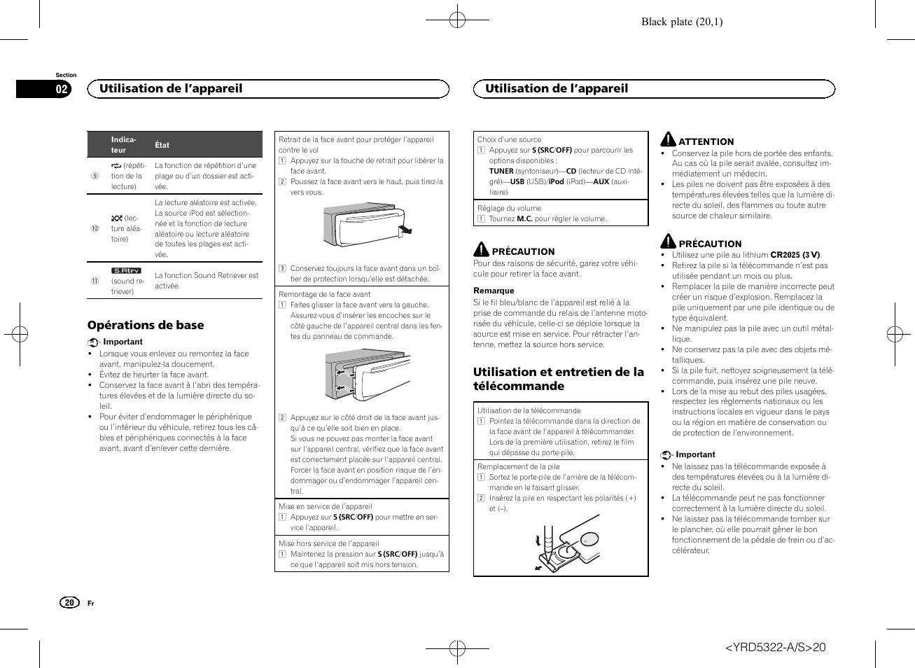 Opérations de base, Utilisation et entretien de la télécommande, Utilisation de l ’appareil 02 | Utilisation de l ’appareil | Pioneer DEH-33HD User Manual | Page 20 / 52