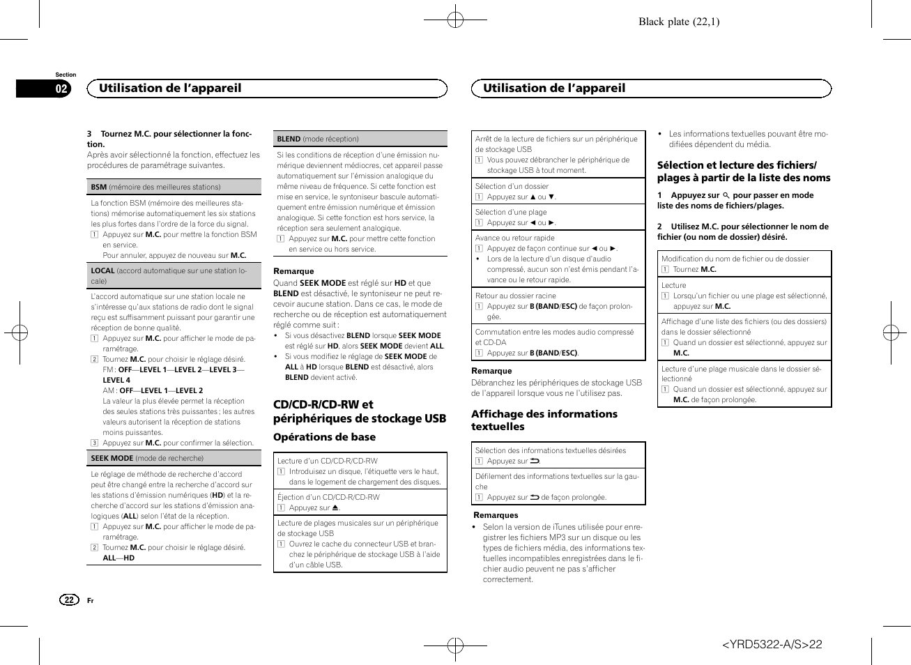 Cd/cd-r/cd-rw et périphériques de stockage usb, Utilisation de l ’appareil 02, Utilisation de l ’appareil | Pioneer DEH-33HD User Manual | Page 22 / 52