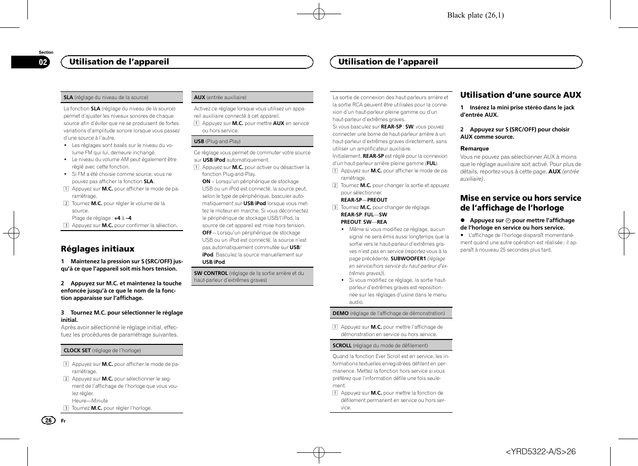Sw control (ré, Glage de la sortie arrière et du haut-parleur d, Trêmes graves) | Réglages initiaux, Utilisation d ’une source aux, Utilisation de l ’appareil 02, Utilisation de l ’appareil | Pioneer DEH-33HD User Manual | Page 26 / 52