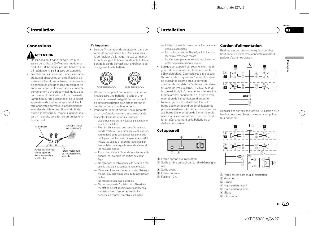 Connexions, Installation 03, Installation | Pioneer DEH-33HD User Manual | Page 27 / 52