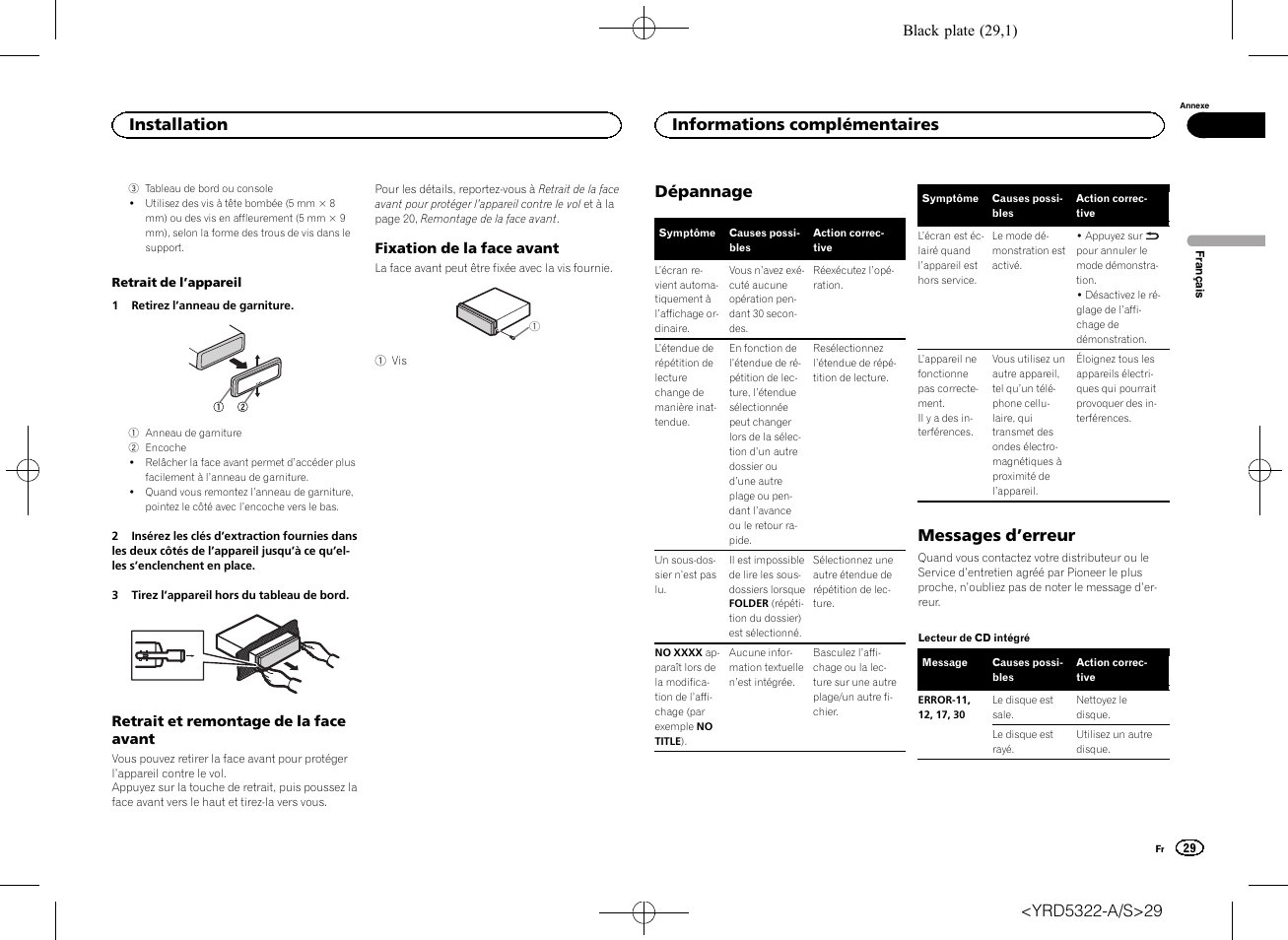 Dépannage, Messages d ’erreur, Installation | Informations complémentaires | Pioneer DEH-33HD User Manual | Page 29 / 52