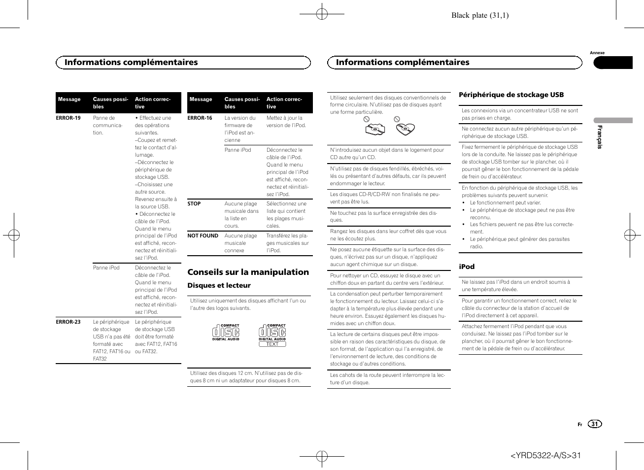 Conseils sur la manipulation, Informations complémentaires | Pioneer DEH-33HD User Manual | Page 31 / 52