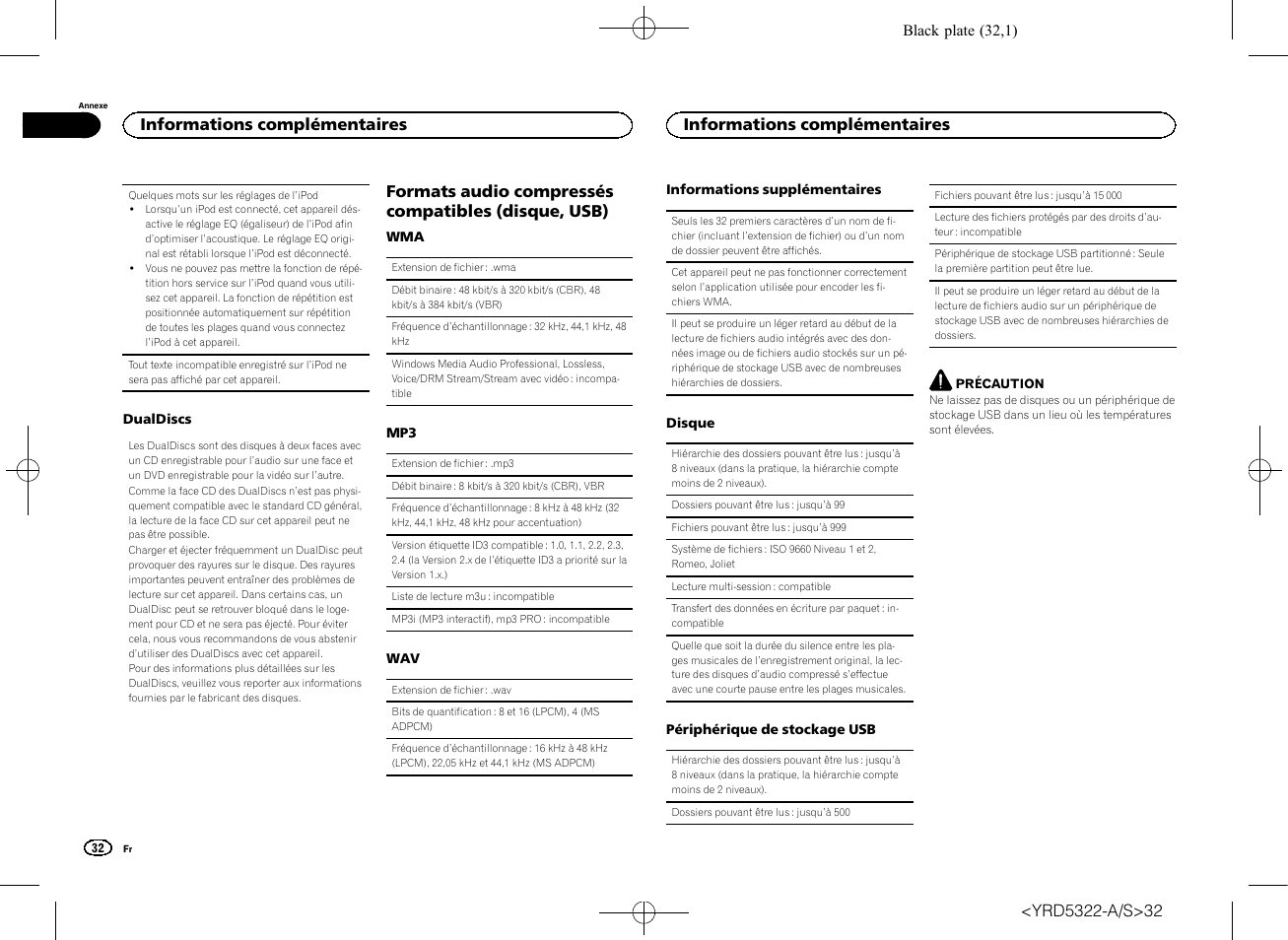 Formats audio compressés compatibles (disque, usb), Informations complémentaires | Pioneer DEH-33HD User Manual | Page 32 / 52