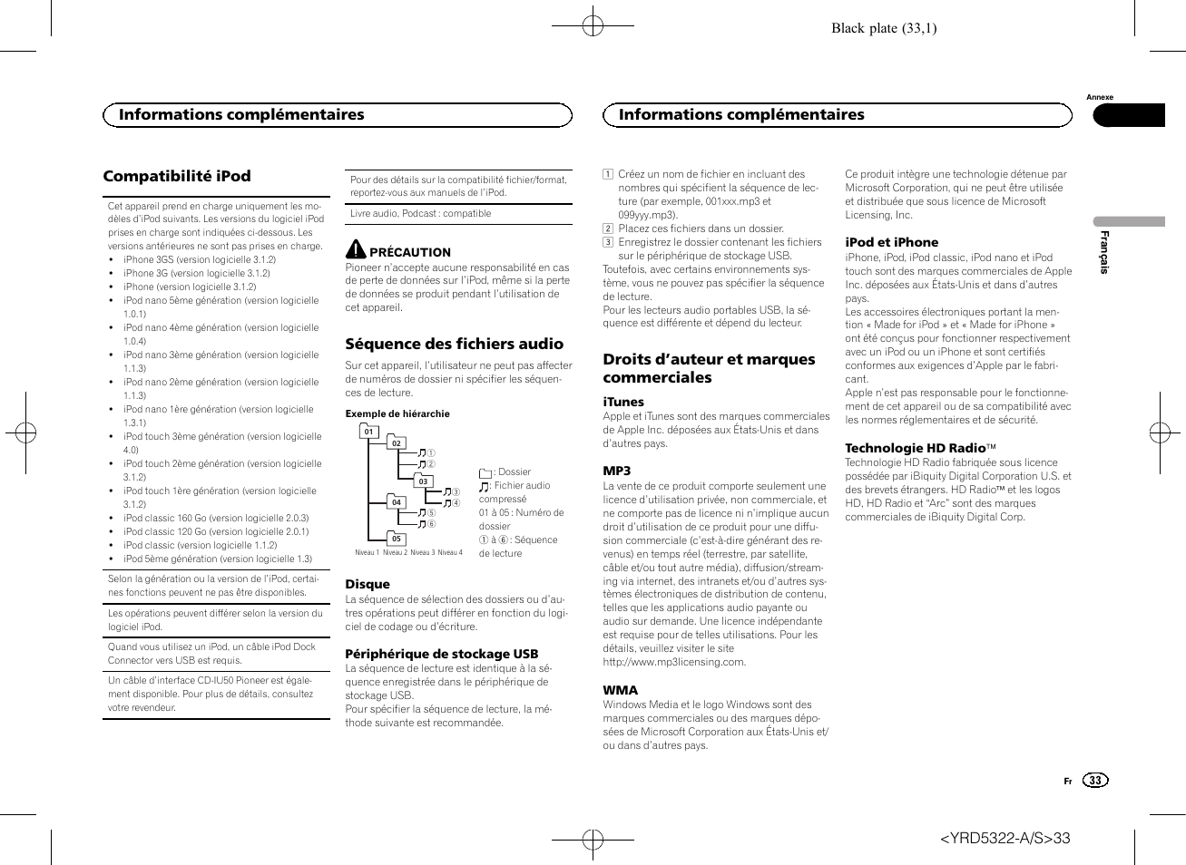 Compatibilité ipod, Séquence des fichiers audio, Droits d ’auteur et marques commerciales | Informations complémentaires | Pioneer DEH-33HD User Manual | Page 33 / 52