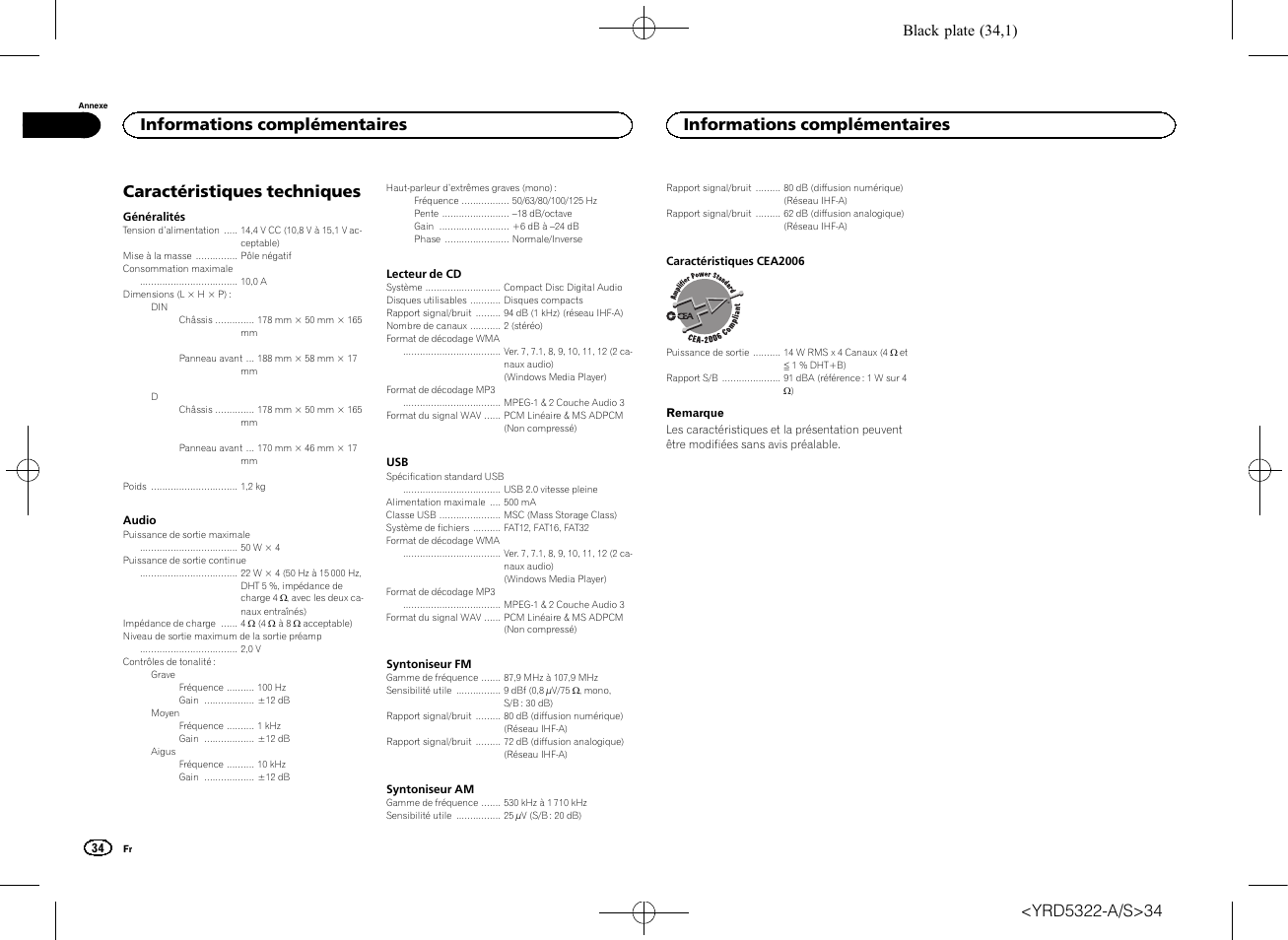 Caractéristiques techniques, Informations complémentaires, Black plate (34,1) | Pioneer DEH-33HD User Manual | Page 34 / 52